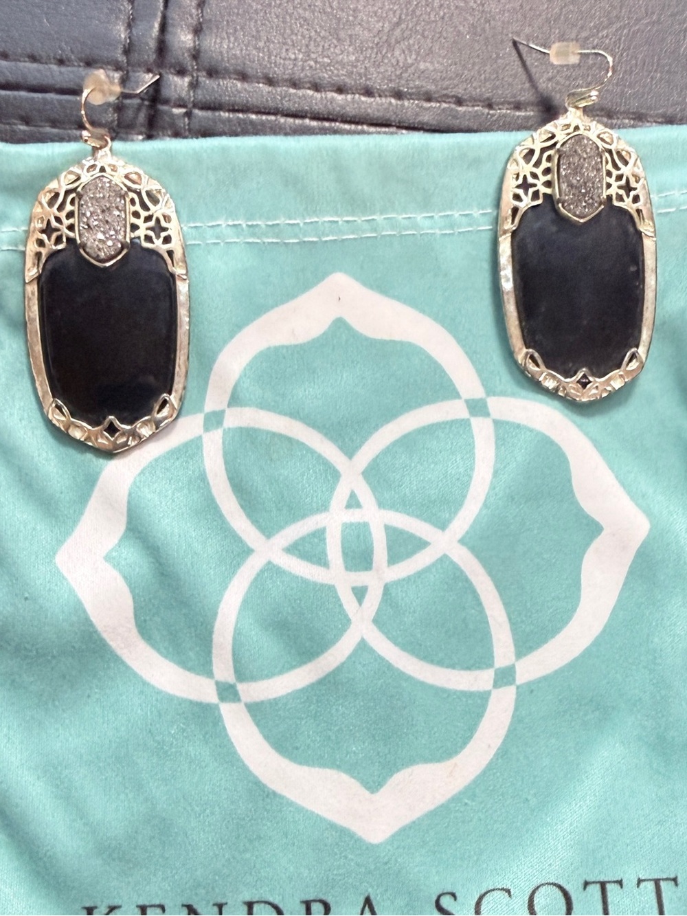 KENDRA SCOTT DEVA EARRINGS BLACK STONE SILVER DRUZY STOME GOLD FILIGREE DETAIL